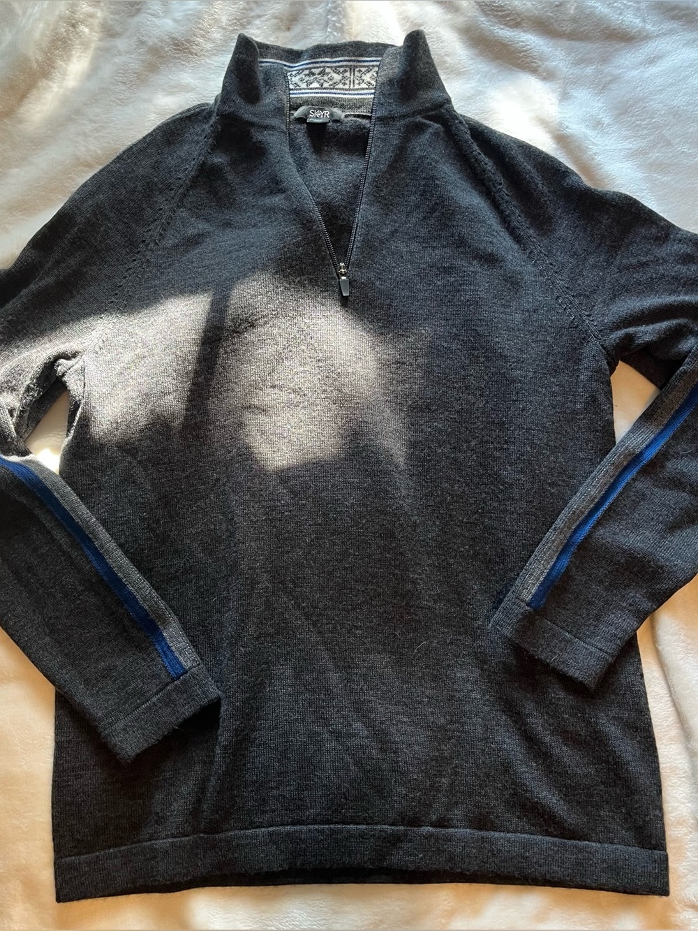 100% Merino Skyr Charcoal Quarter-Zip Sweater with Blue Stripe